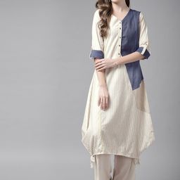 W Women White & Blue Striped Kurta-picture-19