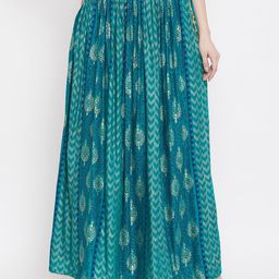 Clora Creation Women Teal Green & Blue Printed Flared Maxi Skirt-15