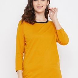 Hypernation Women Yellow Solid Round Neck Pure Cotton T-shirt-image-5