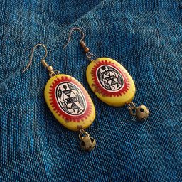 ExclusiveLane Yellow & Orange Warli Art Hand-Painted Bohemian Resin Oval Drop Earrings-image-55