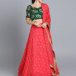 Ethnovog Peach  Green Embroidered Made to Measure Lehenga  Choli with Dupatta-image-11