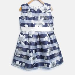 StyleStone Girls Navy Blue & Grey Striped Fit & Flare Dress-picture-24
