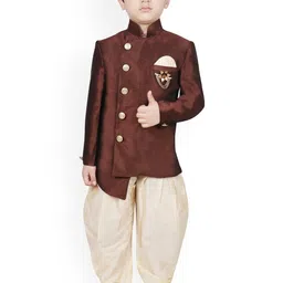 SG YUVRAJ Boys Brown & Beige Solid Silk Sherwani-49