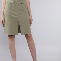 Tokyo Talkies Women Olive Green Solid Straight Skirt With Belt-image-34