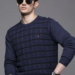 Louis Philippe Jeans Men Navy Blue Pure Cotton Self-Checked Pullover-image-18
