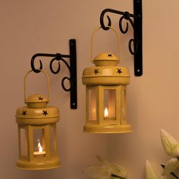 Homesake Set of 2 Yellow Metal Decorative Lantern Shaped Candle Holders-58