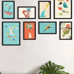 Art Street Set Of 8 Blue & Yellow Birds & Animals Printed Wall Art-picture-9
