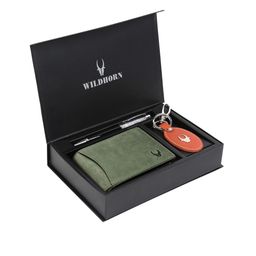 WildHorn Men Green & Orange RFID Protected Genuine Leather Wallet Gift Set-image-59