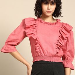 WoowZerz Bell Sleeves Ruffles Smocked Cotton Crop Top-picture-28