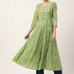 Maaesa Women Green & Blue Ethnic Printed Pure Cotton Gotta Patti Anarkali Kurta-picture-12