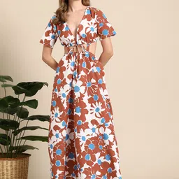 Mast & Harbour Floral Printed Cut-Out A-Line Pure Cotton Midi Dress-image-69