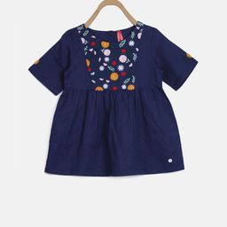 Blue Giraffe Girls Navy Blue Printed Empire Pure Cotton Top-image-0