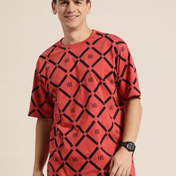 HERE&NOW Geometric & Brand Logo Print Pure Cotton Drop-Sleeves Relaxed Fit T-shirt-image-46