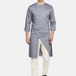 Freehand by The Indian Garage Co Men Grey Solid Straight Kurta-image-7
