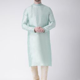 DEYANN Men Green & Cream-Coloured Self Design Kurta with Churidar-16