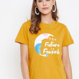PURYS Women Mustard Yellow & White Printed Round Neck T-shirt-image-60