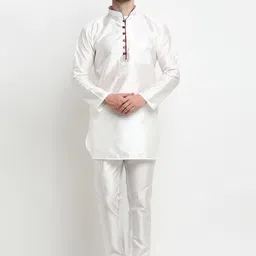 Benstoke Men's White Solid Dupion Silk Kurta with Pyjamas-image-79