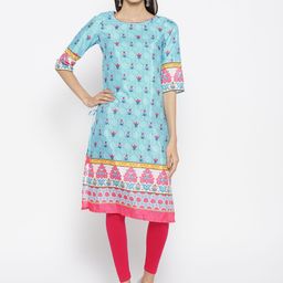 AURELIA Women Blue & Pink Printed Straight Kurta-image-98