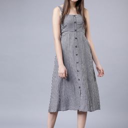 Tokyo Talkies Women Black & White Checked Fit and Flare Dress-image-37