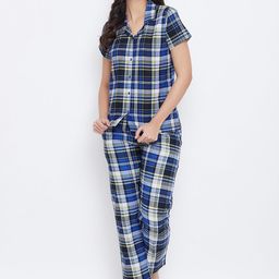Clovia Women Blue & Black Checked Night Suit-image-36