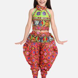BownBee Girls Pink & Green Embroidered Top with Dhoti Pants-image-81