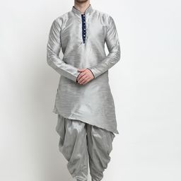 Benstoke Men Silver Coloured Woven Design Dupion Silk Kurta with Dhoti Pants-picture-24