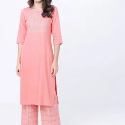 Vishudh Women Coral Pink Yoke Design Straight Kurta-image-24