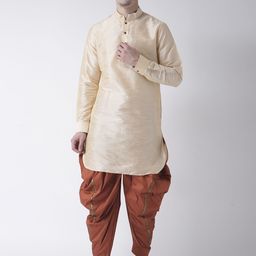 DEYANN Men Cream-Coloured & Orange Solid Kurta with Dhoti Pants-10