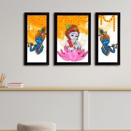 eCraftIndia Set of 3 Black & Orange Lord Krishna Satin Matt Texture UV Art Paintings-5