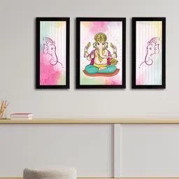 eCraftIndia Set of 3 Pink & Yellow Lord Ganesha Satin Matt Textured UV Wall Arts-15
