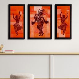 eCraftIndia 3-Panelled Orange  Lord Krishna & Dancing Ladies Satin Matt UV Wall Art-picture-37