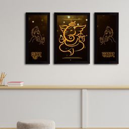 eCraftIndia Set of 3 Black & Gold-Toned Lord Ganesha Satin Matt Texture UV Art Paintings-7
