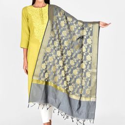 Dupatta Bazaar Grey & Gold-Toned Woven Design Dupatta-15