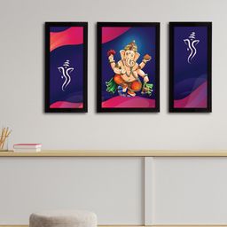 eCraftIndia Set of 3 Blue & White Lord Ganesha Satin Matt Texture UV Art Paintings-picture-1