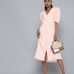 SCOUP Women Pink Puff Sleeves Solid A-Line Dress-image-37