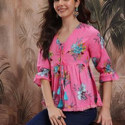 Sangria Floral Print Tie-Up Neck Bell Sleeve Cotton Empire Top-image-35
