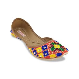 Fulkari Women Red Embellished Leather Mojaris-image-48