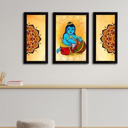 eCraftIndia Set of 3 Orange & Blue Lord Krishna Satin Matt Textured UV Wall Arts-image-77