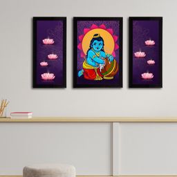 eCraftIndia Set of 3 Purple & Blue Lord Krishna Satin Matt Textured UV Wall Arts-4