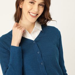 DressBerry Women Blue Ribbed Cardigan Sweater-picture-44