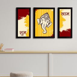 eCraftIndia Set of 3 Yellow & Cream-Coloured Lord Ganesha Satin Matt Texture UV Wall Art Paintings-2