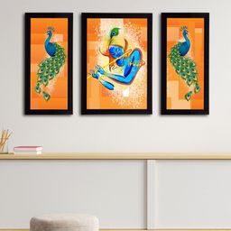eCraftIndia Set of 3 Orange & Blue Lord Krishna Satin Matt Textured UV Wall Arts-20
