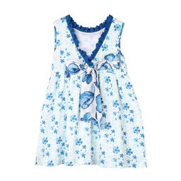 My Little Lambs Girls Blue & White Floral Print Fit and Flare Dress-image-89