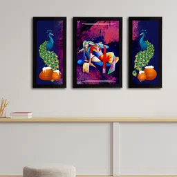 eCraftIndia Set of 3 Blue & Pink Lord Krishna Satin Matt Textured UV Wall Arts-15
