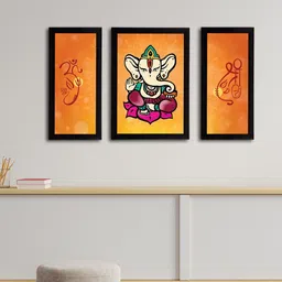 eCraftIndia Set of 3 Orange & Black Lord Ganesha Satin Matt Texture UV Wall Arts-19