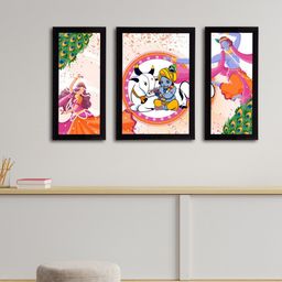 eCraftIndia Set of 3 Pink & Blue Satin Matt Texture Lord Krishna & Radha UV Wall Arts-34