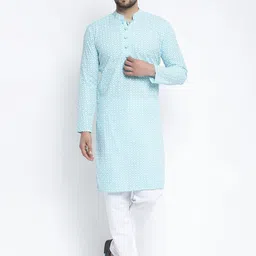 Jompers Men Turquoise Blue & White Embroidered Kurta with Pyjamas-image-81