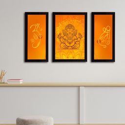 eCraftIndia Set of 3 Orange & Yellow Lord Ganesha Satin Matt Textured UV Wall Arts-21
