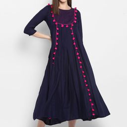 MBE Women Navy Blue Solid A-Line Dress-image-67