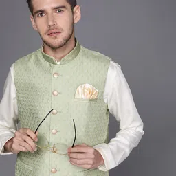 Manyavar Woven Design Pure Silk Nehru Jacket-31